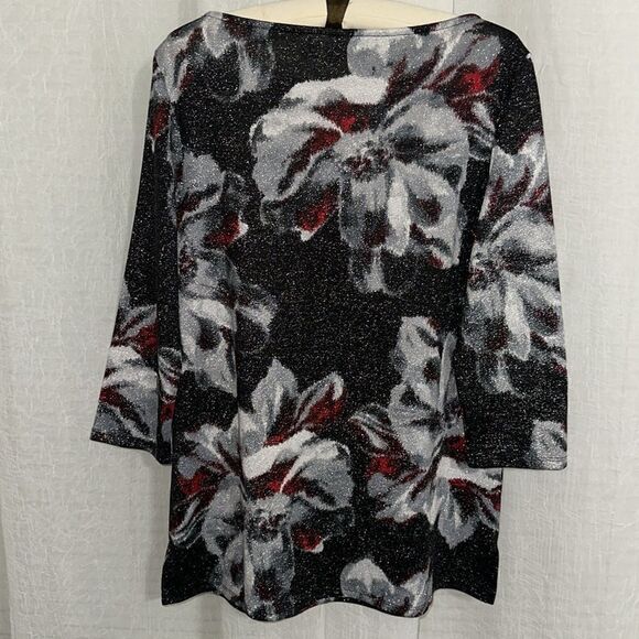 Chico’s 1 M Black Silver Metallic Red Burgundy Floral Quarter Sleeve Sweater - Picture 2 of 11